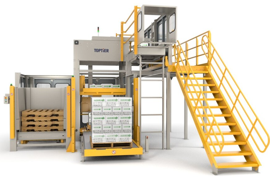 TopTier high-infeed palletizer with yellow access stairs stacking fragile boxes on a pallet beside empty pallets.