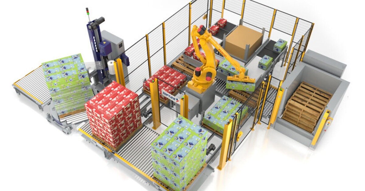 TopTier robotic palletizing system handling packaged cases with conveyors, multiple pallet loads, and safety fencing.